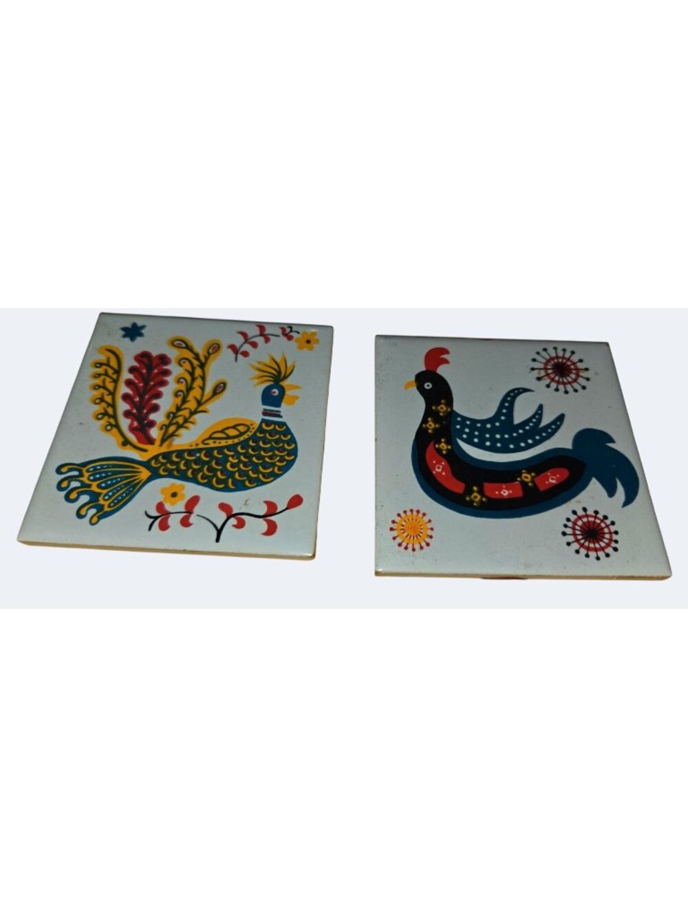 Vintage Ceramic Tiles With Folk Art Bird Designs Made In Japan